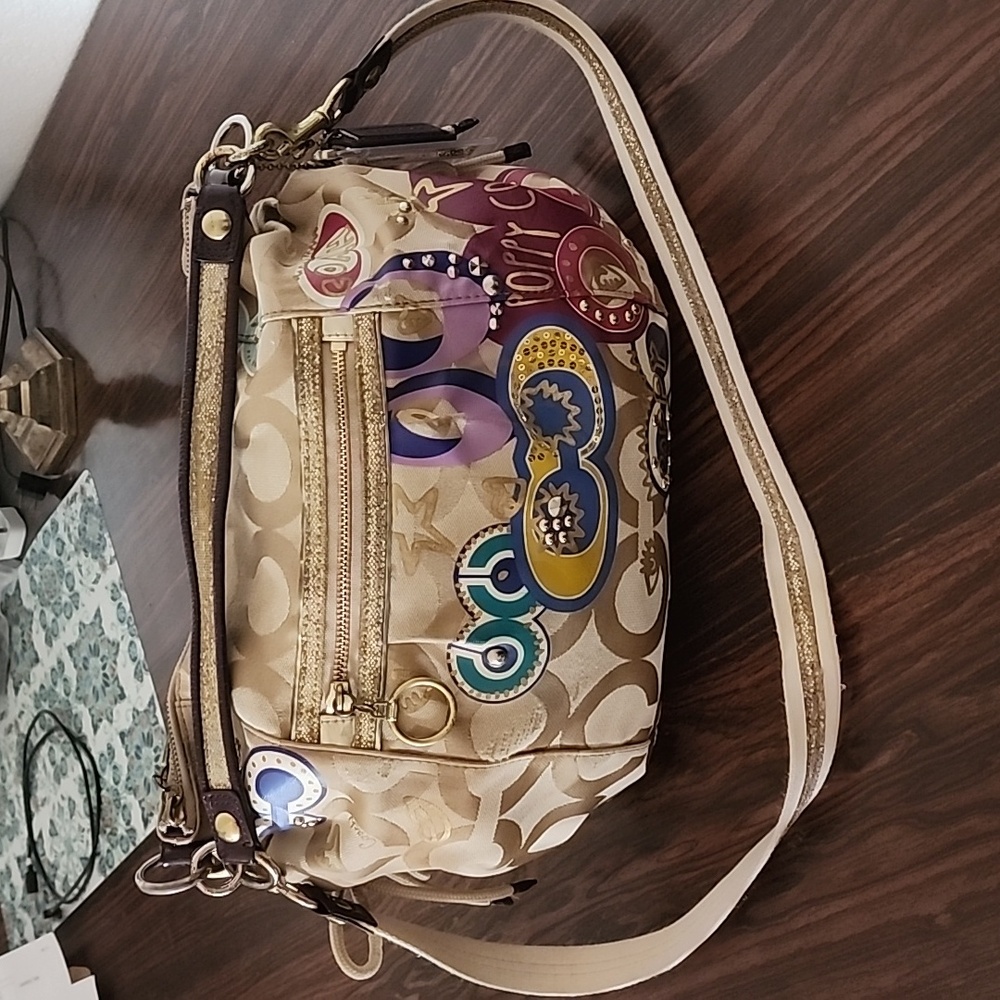 COACH POPPY Signature Graffiti Glam Tote Crossbody Bag Purse Shoulder Hobo Dust - Picture 7 of 17